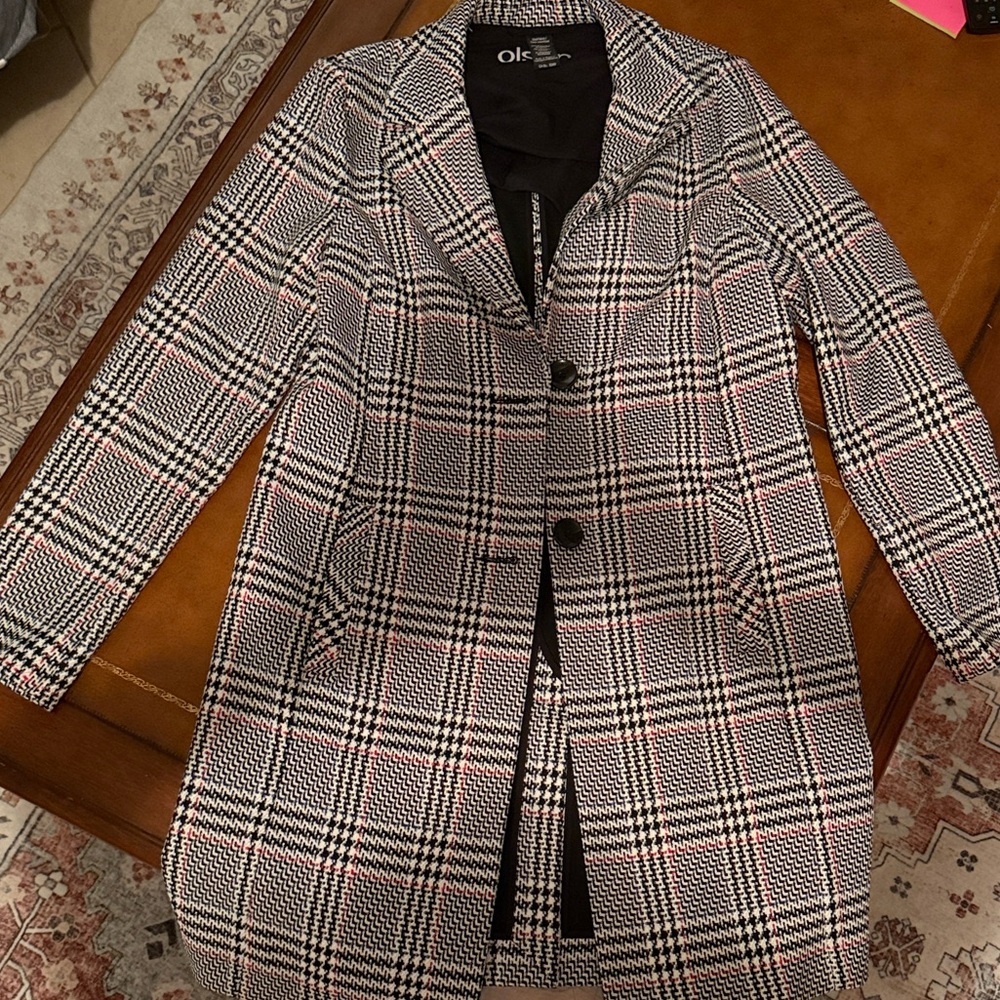 Olsen Classic Black and White Plaid Pea Coat